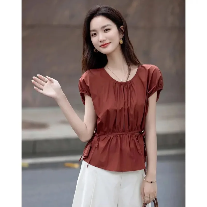 

Women's Rust Color Puff Sleeve Peplum Blouse Round Neck Drawstring Waist Casual Summer Top