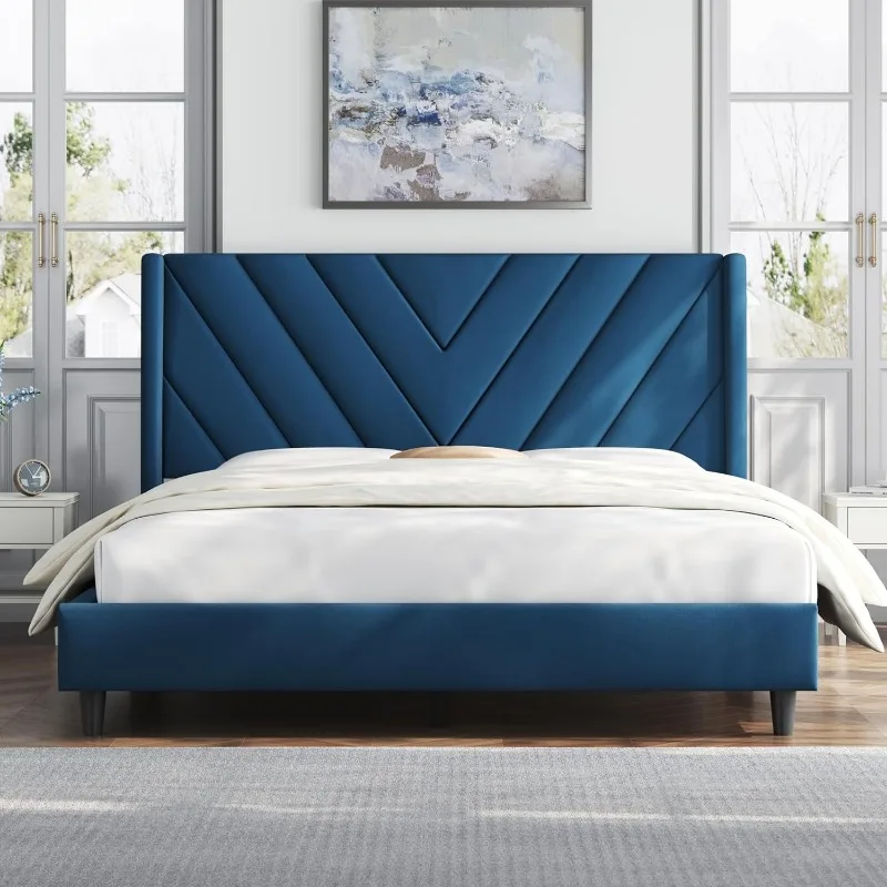 Bed Frame Upholstered Platform Bed with Wing Side/Wooden Slat Support/Tufted Headboard with Wing Side/Mattress Foundation