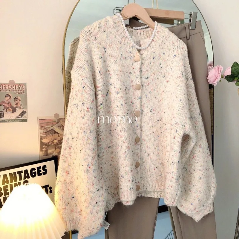 

Красочный свитер с круглым вырезом, вязаный кардиган для женщин, осень и зима 2024, новое милое мягкое пальто