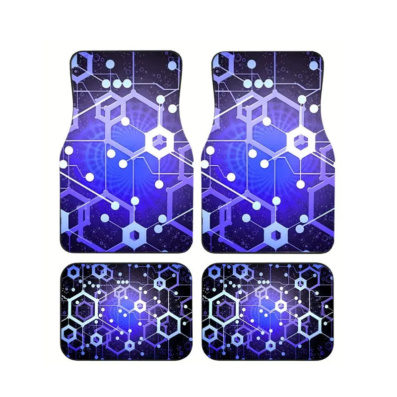 

4Pcs Purple Blue Hexagon Tech Circuit Print Car Floor Mats Universal Non-slip Waterproof Floor Mats For Car SUV Interior Decor