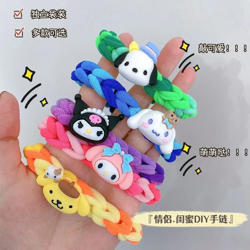 

Kawaii Sanrio Girls Candy Color Braided High Elastic Hairbands Ponytail Hello Kitty Cartoon Hair Kuromi Ties Ropes for Kids