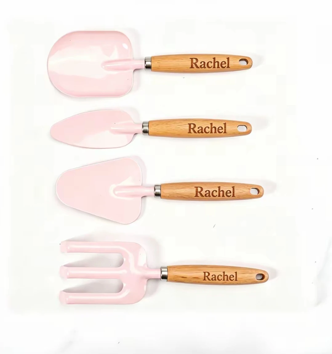 Personalized Name Mini Wooden Handle Gardening Tools Set 4Pcs Metal Planting Shovel Rake Kit, Custom Gardening Tools 4Pcs Set