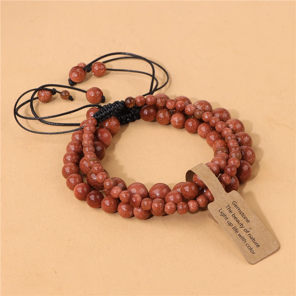 Natural Stone Beads Braided Bracelet 4 6 8mm Round Bead Handmade Bracelet Rose Quartzs Sandstone Agates Bracelets Men Womem 3Pcs