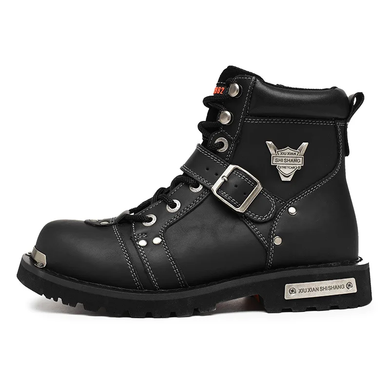 Men's Shoes Tooling Boots Autumn and Winter High-top Lace-up Metal Locomotive Street Thick-soled Leather Casual Cotton Ankle