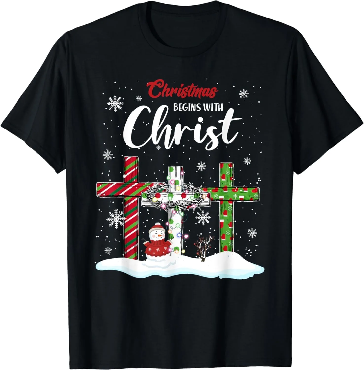 

NEW Christmas Begins With Christ Snowman Christian Cross T Shirt MADE IN USA