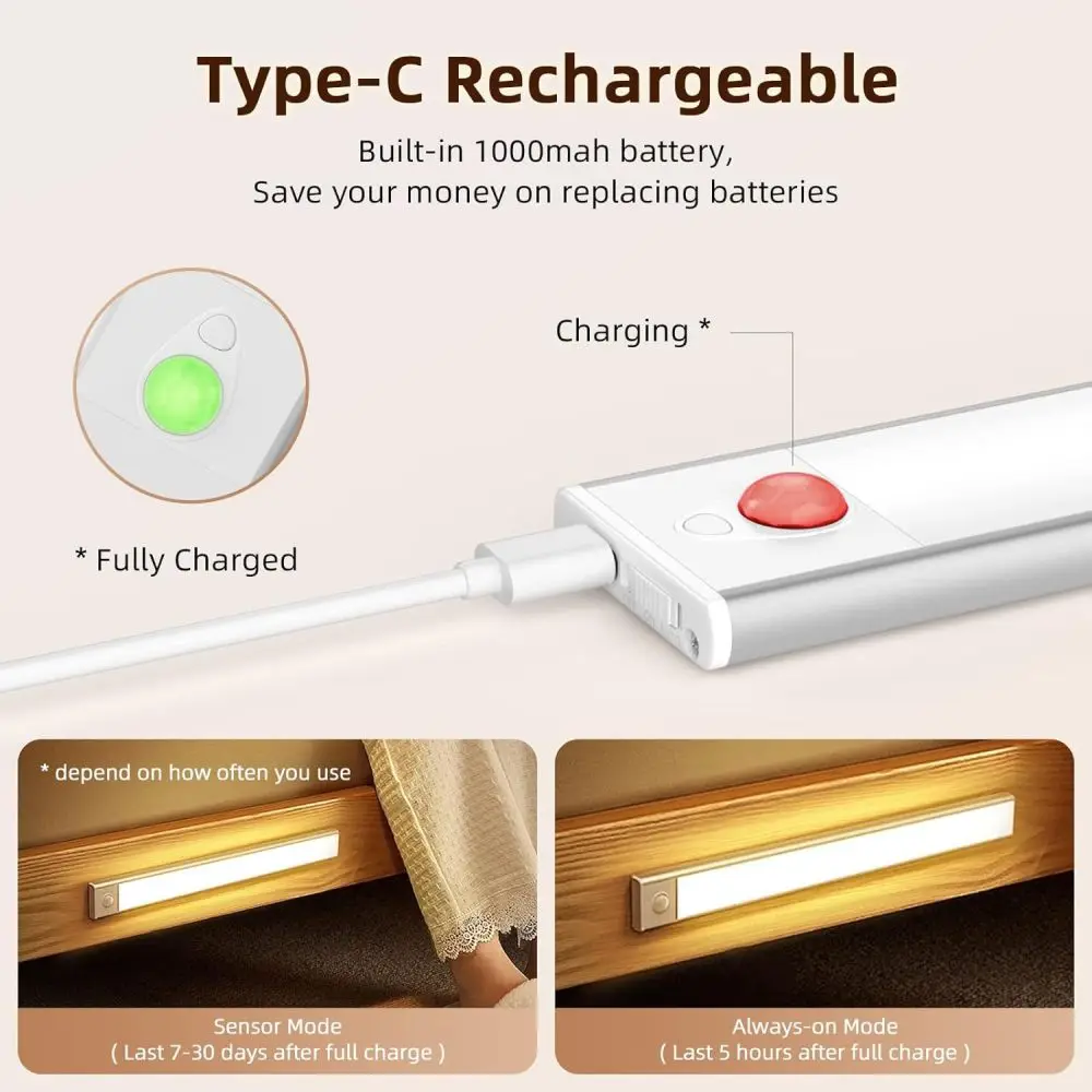 Veilleuse LED avec capteur de mouvement, USB sans fil, lumière sous armoire, cuisine, armoire intérieure, chambre à coucher