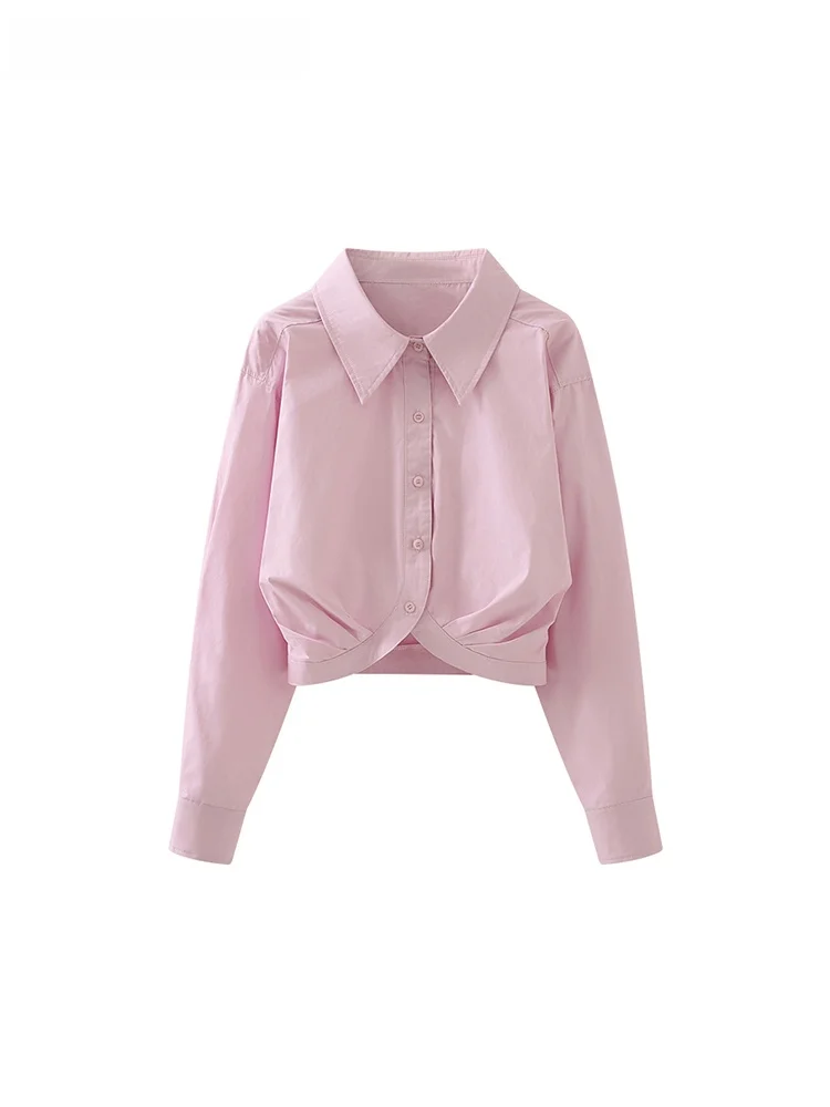 

Новая женская блузка La Chapelle в повседневном стиле, нежно-розово-фиолетовая, с отложным воротником, плиссированная, с длинными рукавами, укороченная