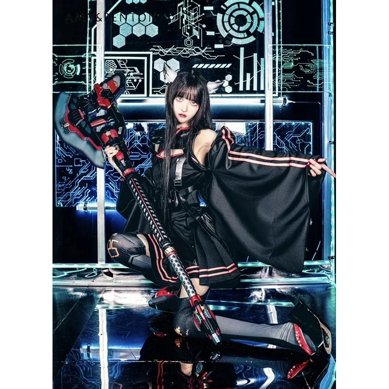 

CyJapanese Harajuku Punk Skirt Sets Mine Series Mechanical Girl Flare Sleeve Jacket Suspender Pleated Skirt Gothic Three-piece S