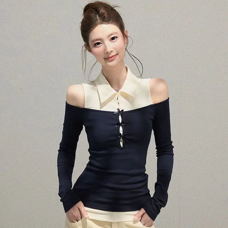 

Осень 2026, новый стиль, сексуальная короткая футболка из чистого хлопка с длинными рукавами для женщин, обтягивающий фигуру дизайн, искусственный топ из двух частей