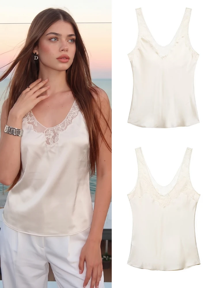 HH Hauts Chic pour Femme, Col en V, Dos Nu, Sans Manches, Coupe Ajustée, à Bretelles, avec Patchwork de Dentelle Uni, Sexy, Collection Été 2026, Tenue de Plage et de Vacances