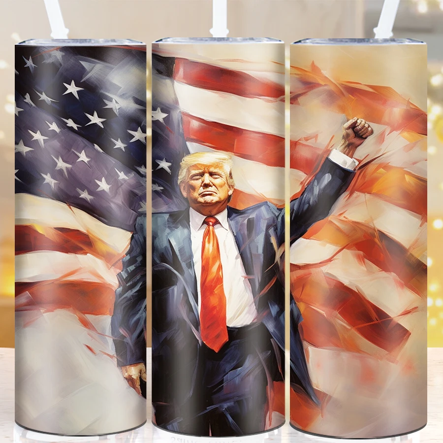 20oz Stainless Steel Straight Tumblers With Straw Lid 3D Print Fighting Trump USA Seamless Inflated Outdoor Travel Tumblers