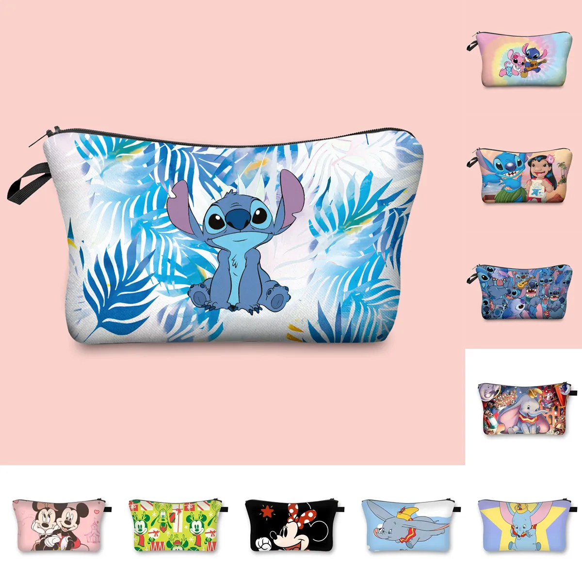 Disney-Stitch Mickey Mouse Anime Maquiagem Bolsa para Meninas, saco cosmético Kawaii Dumbo, saco de lavagem dos desenhos animados, lápis, presentes