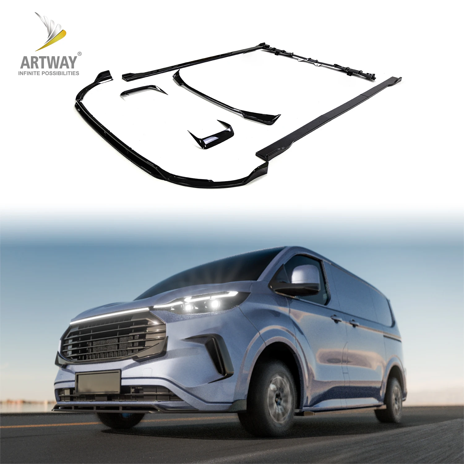 New Design Gloss Black Body Styling Kit for Ford Transit Side Skirt Front and Rear Lip air Knife Exterior Accessories