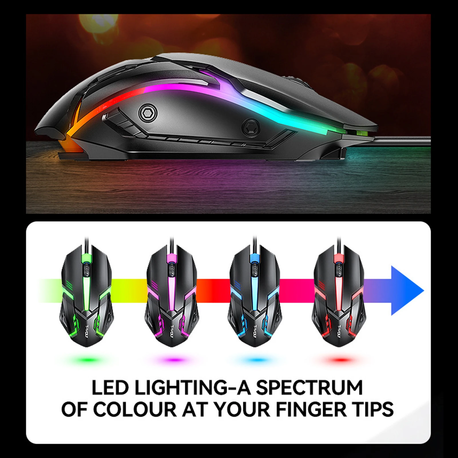 T-wolf tf240 لوحة مفاتيح للألعاب 4 في 1 وماوس وسماعة رأس كومبو مع لوحة ماوس مانعة للانزلاق ، سلكية ، إضاءة خلفية ملونة ، للكمبيوتر