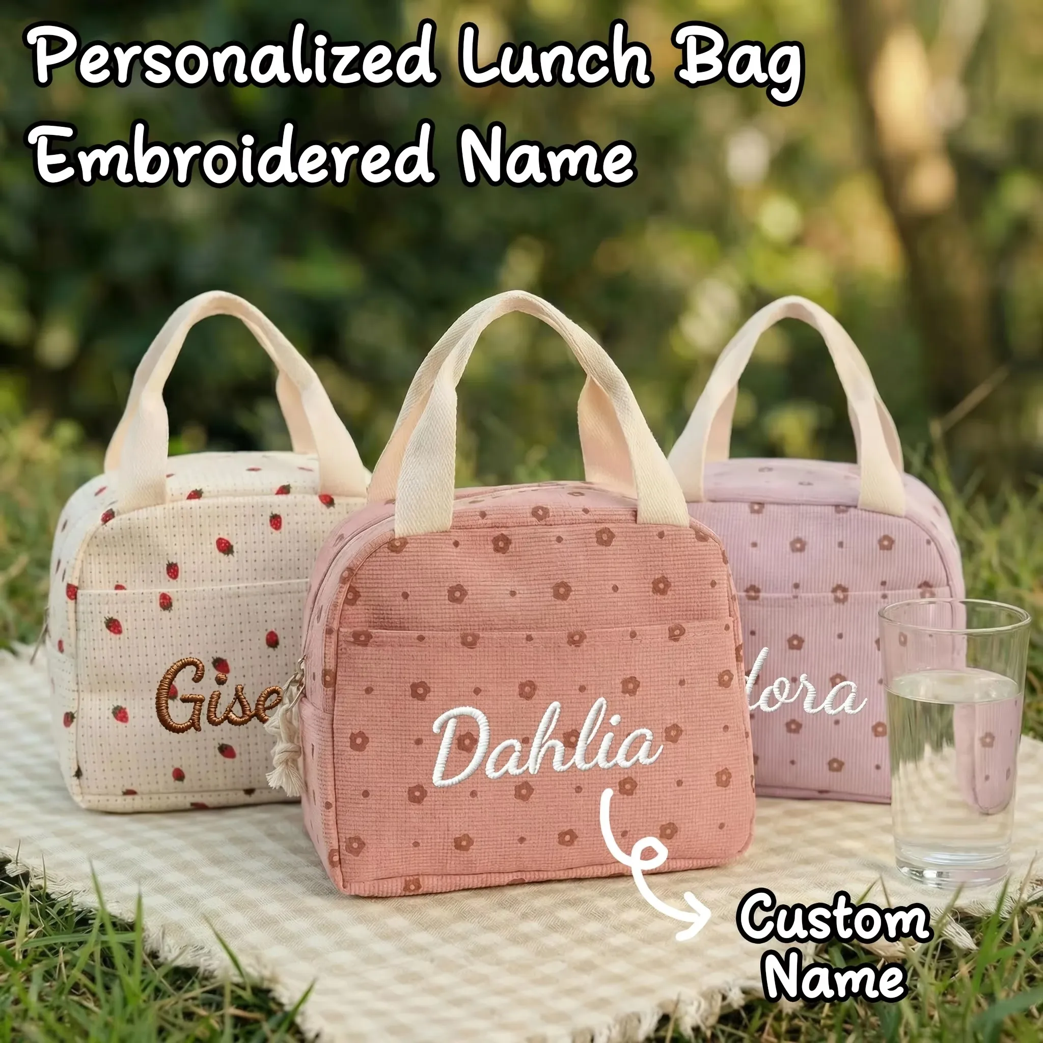 Embroidered Name Floral Printed Food Handbags Portable Thermal Lunch Bag Waterproof Office Ice Insulated Case Camping Ins Bag