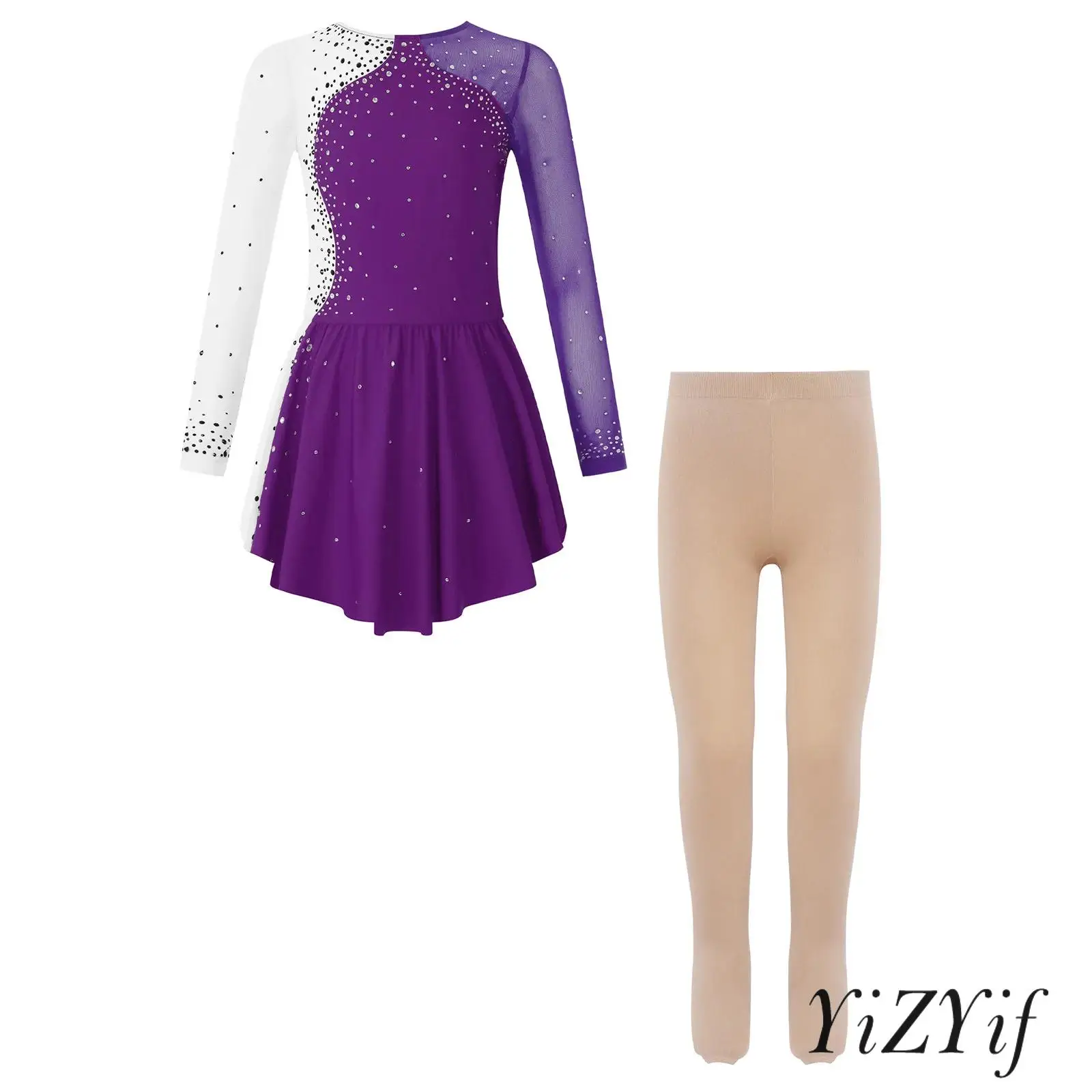 

Kids Ballet Dance Dress Long Sleeve Patchwork Shiny Rhinestone Dance Outfit with Boots Buckles Tights for Figure Skating Dance