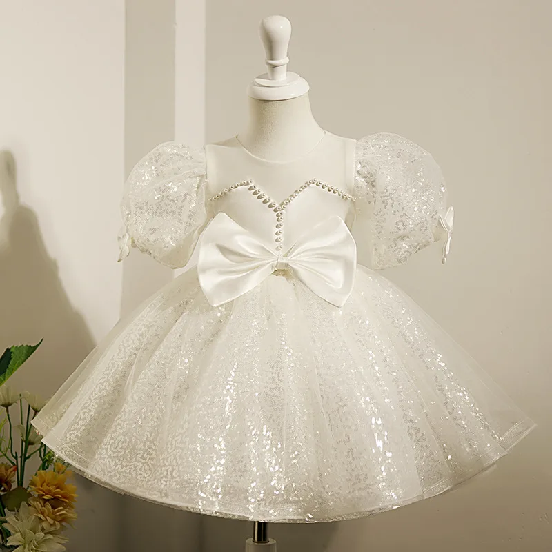 

Baby Girls First Birthday Dress Infant Girls White Shower Baptism Gown Puffy Lush Sequin Tutu Dresses Flower Girls Brideamaid