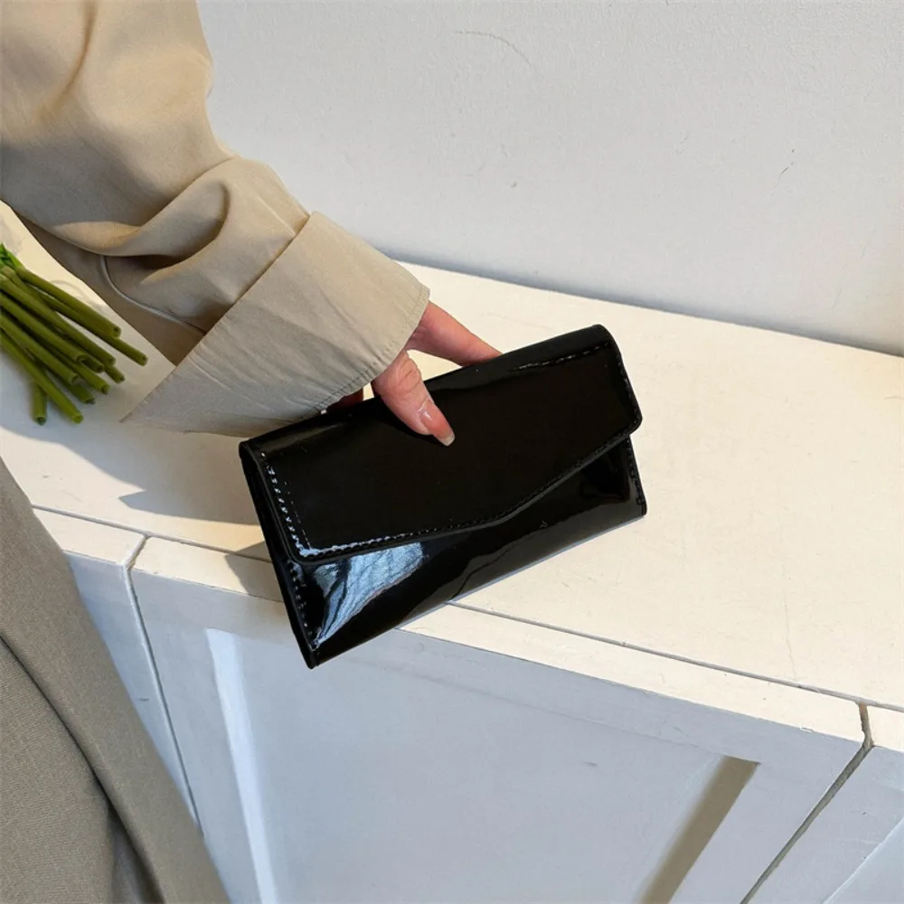 Elegant Pu Leather Envelope Evening Bag Functional Shiny Triple Flod Long Wallet Solid Color Korean Style Handheld Bag Girls