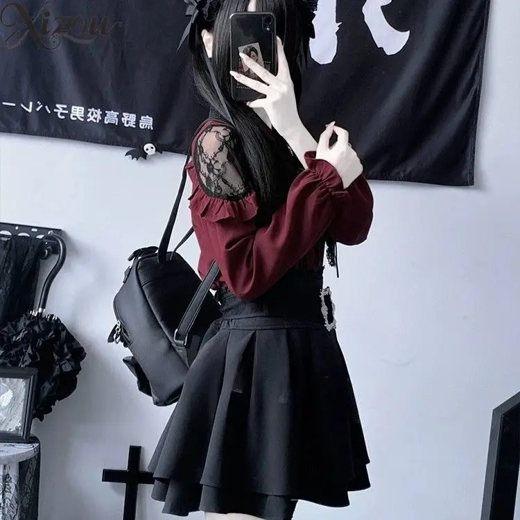 Gothic Lolita dames 2-delige sets geplooid shirt met lange mouwen en rok met riem matrozenkraag set effen kleur damesoutfit