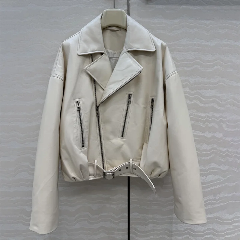 High quality motorcycle leather jacket short coat is stylish and fashionable 2025 new female clothes luxury 251228104