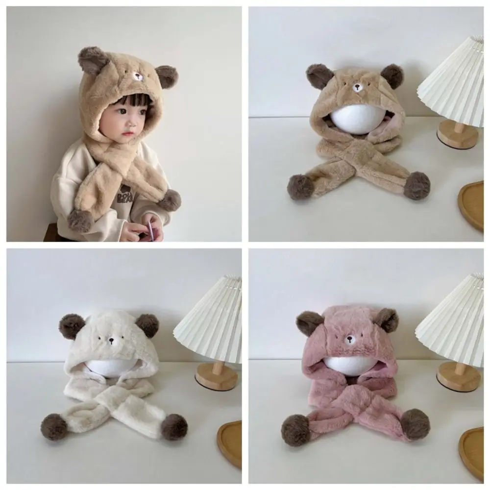 

Outdoor Solid Color Bear Plush Hat Fashion Design Korean Style Children Fleece Hat Muffler Cartoon Plush Hat with Scarf Girls