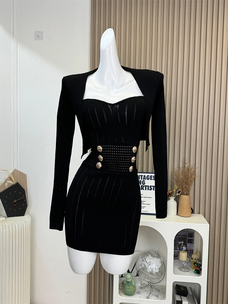 طقم بدلة نسائية مكونة من قطعتين سترة بأكمام طويلة وفستان فاخر عتيق Y2k أنيق للحفلات والنوادي أطقم ملابس