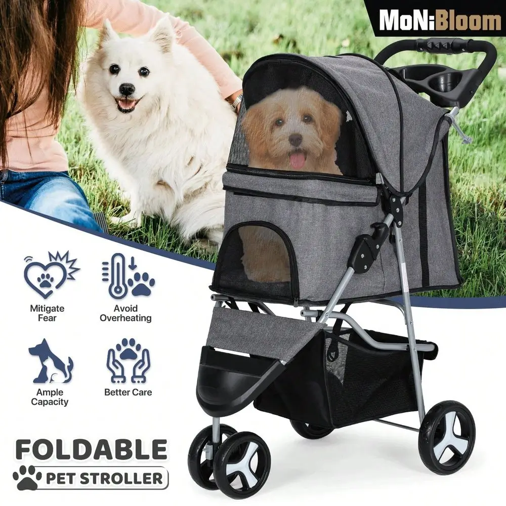 

3 Wheels Pet Dog Cat Stroller For Small Medium Dogs Cats, Foldable Jogger Stroller W Storage Basket And Cup Holder