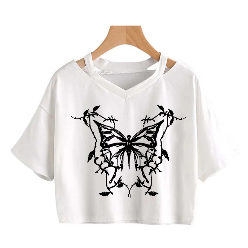 Women's Vintage Aesthetic T-shirt Harajuk Loose Creative Butterfly Pattern Print Crop Top Casual Versatile Tees American Fashion