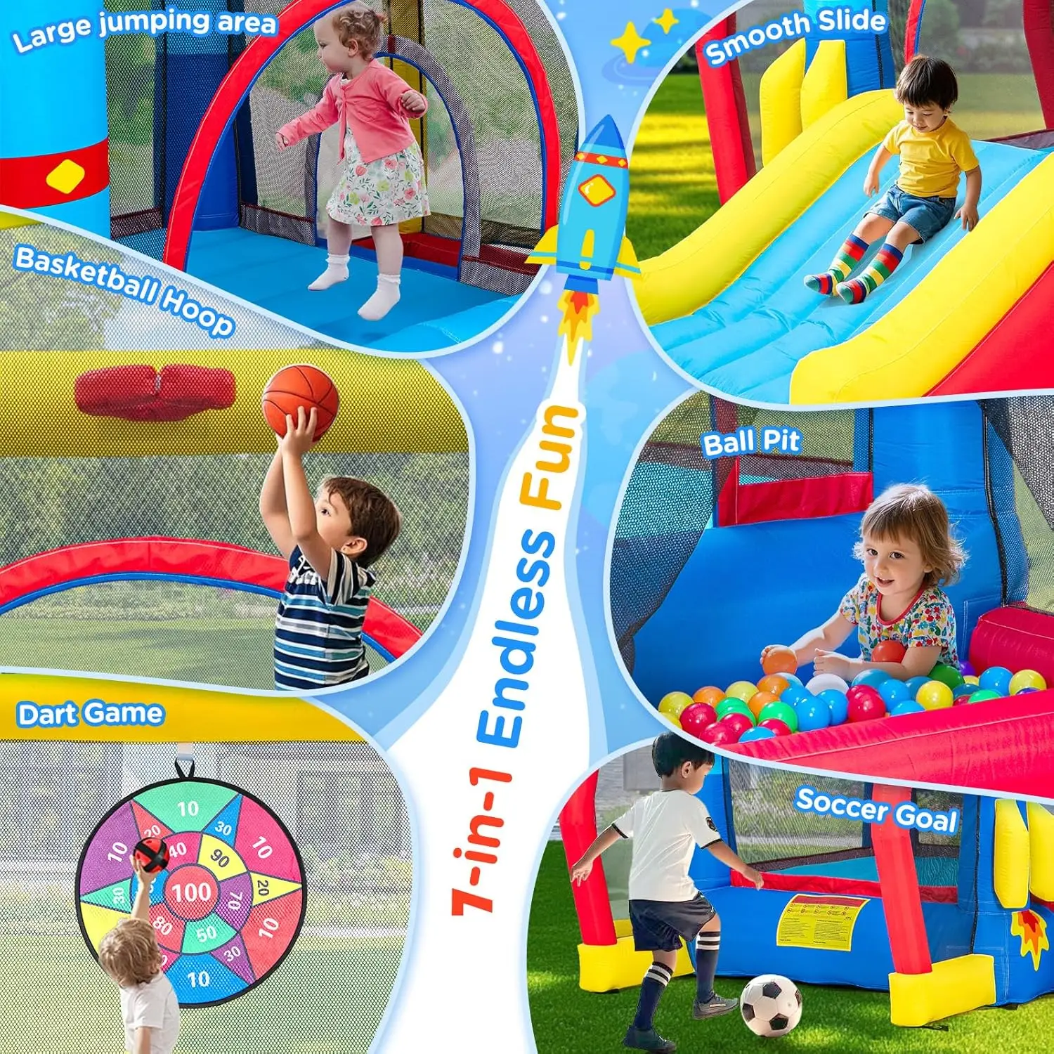 Space Adventure Bounce House, 7-in-1 raket astronaut thema opblaasbaar kasteel met glijbaan, luchtblazer, ballenbak, binnen buiten B