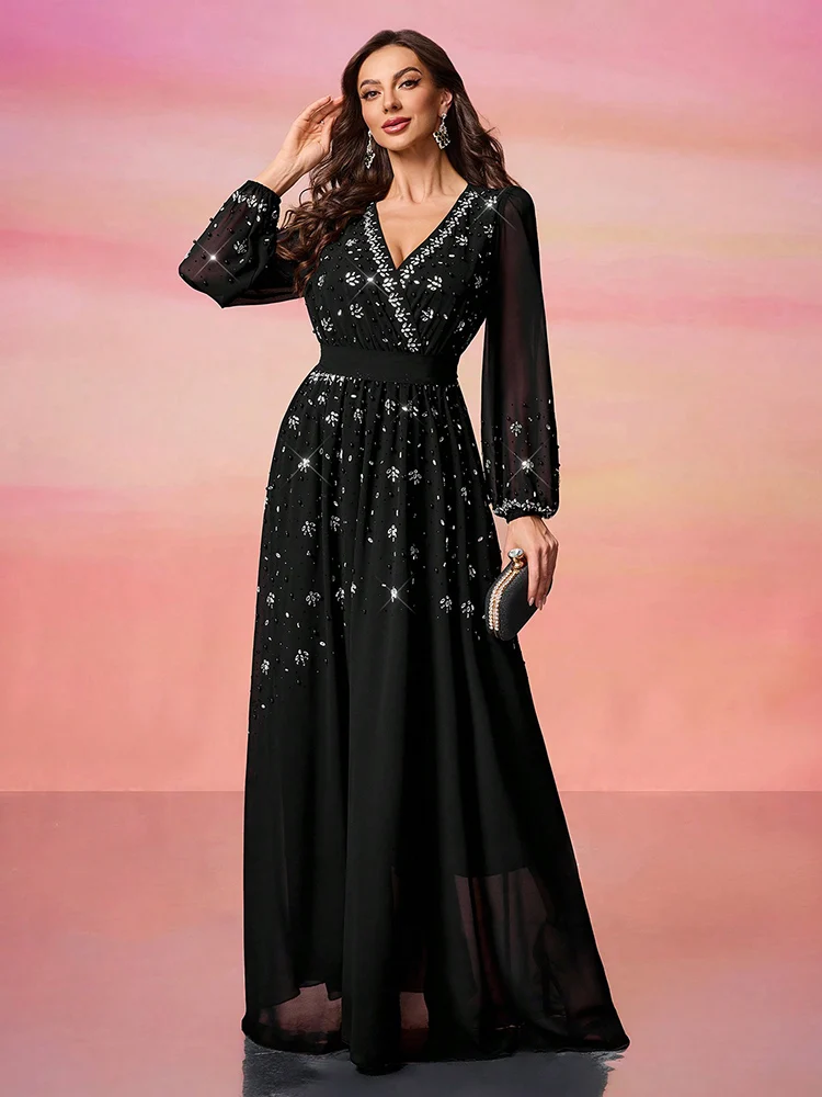 TOLEEN 2024 Women\'s V-Neck Solid Color Luxury Elegant Bubble Pearl Embellished Minimalist Casual Formal Long Sleeve Maxi Dresses