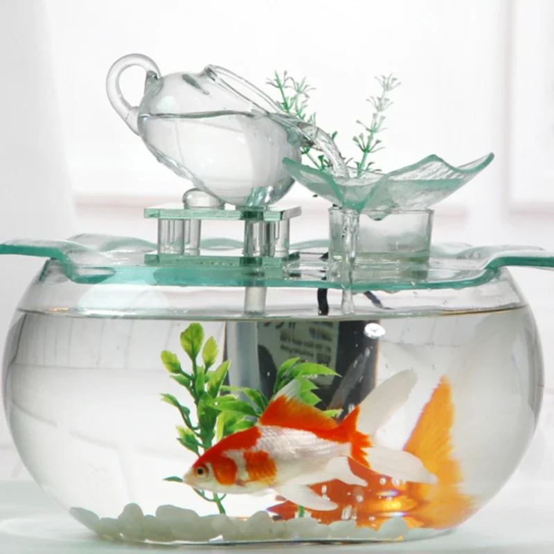 

Mini Aquarium Creative Glass Decor with Flowing Water Feature and Oxygen Pump, Living Room TV Cabinet Decoration