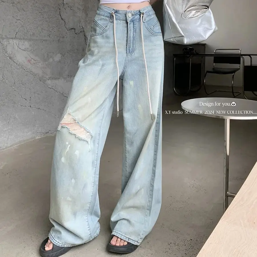 2024 spring and summer new style distressed jeans for women high waist washed straight wide leg trousers