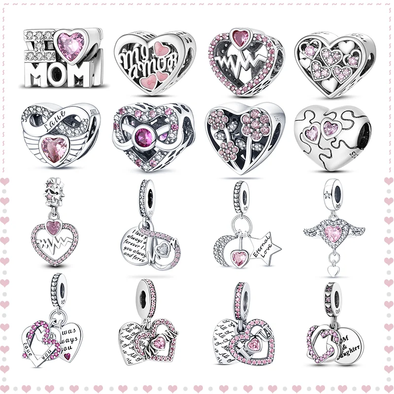 925 sterling silver pink series heart-shaped charm beads suitable for Pandora original bracelet exquisite DIY Mother's Day gift