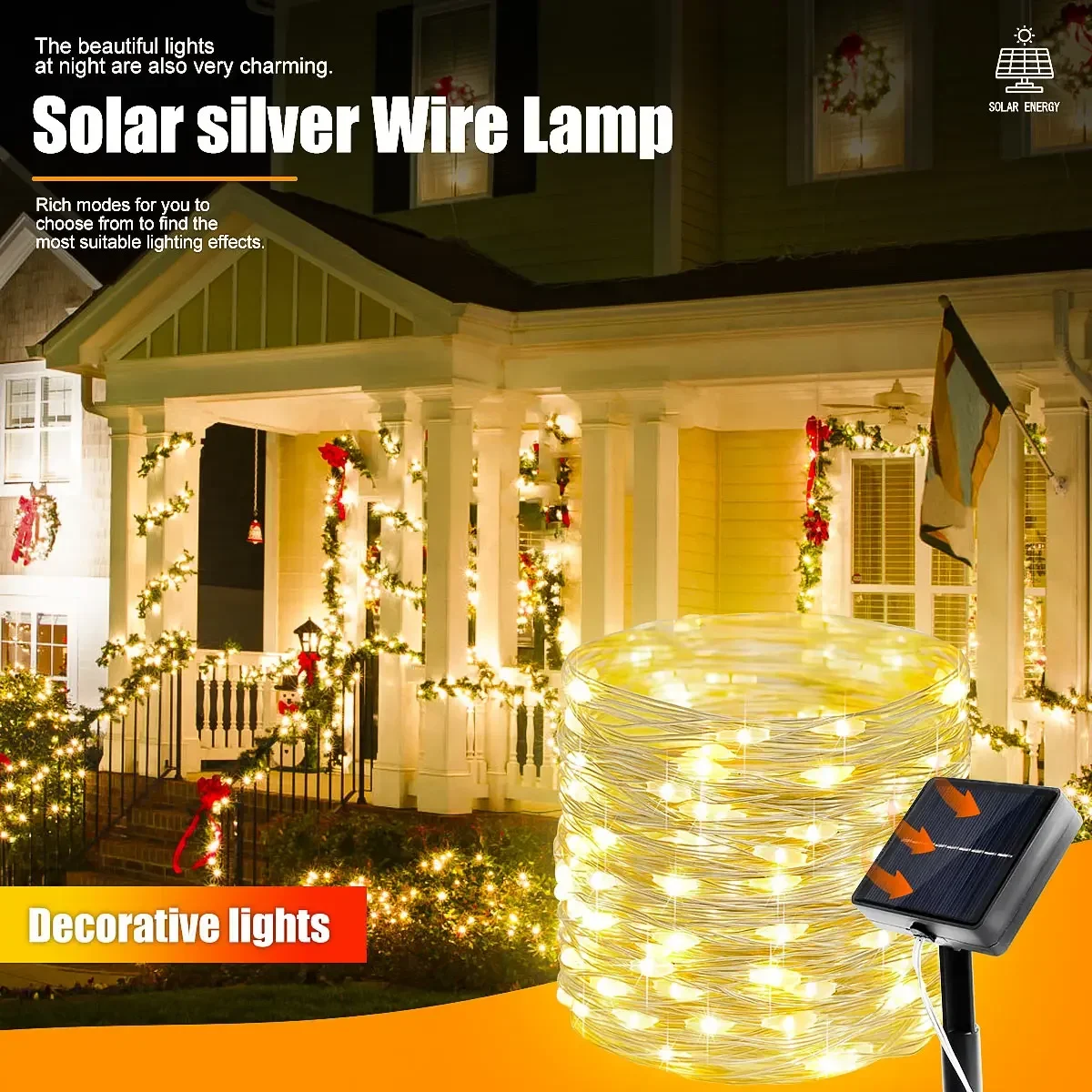 New Solar Powered Silvery Wire String Lights 7/12/22/32M 8 Lighting Modes Outdoor Waterproof Hanging Decorations Light for Garde