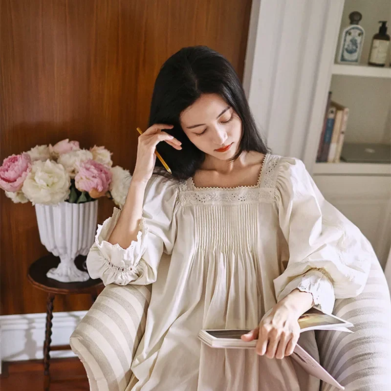 

Princess Vintage Long Nightgowns Women French Embroidery Square Collar Loose Nightdress Spring Full Sleeves Cotton Nightie JJ949
