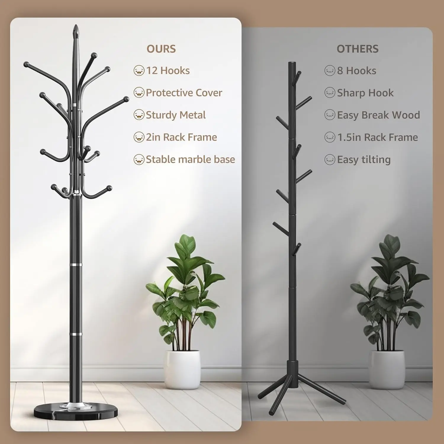 Freestanding Heavy Duty Coat Rack with Marble Base, 12 Hooks, Adjustable Height for Entryway and Office