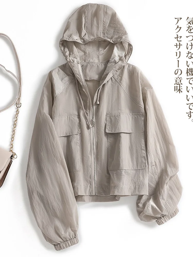 

Korean Japanese High End Women's Lightweight Flax Cotton Linen Hooded Sun Protection irt Outerwear Summer Loose Fit Zipper