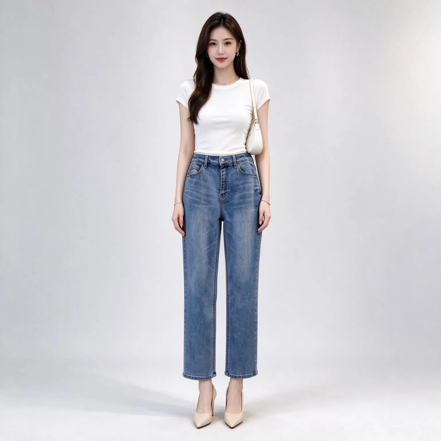 Women High Waist Straight Leg Jeans Light Blue Washed Slim Cropped Denim Pants