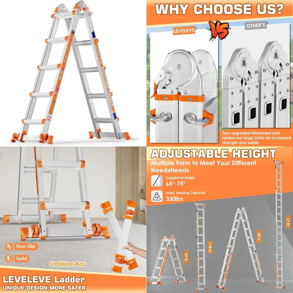 17-Fuß-Teleskopleiter mit mehreren Positionen und Stabilisatorstange und Rädern, Tragfähigkeit 330 Pfund, ideal für Treppenzubehör