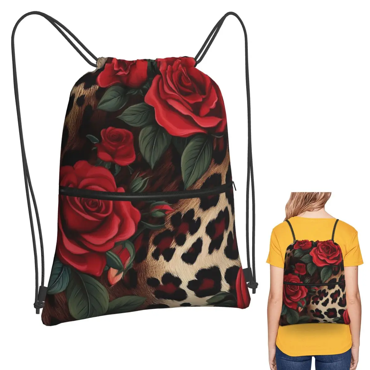 

Rose Red Leopard Pattern Backpacks Fashion Drawstring Bags Sports Bag Book Bags for Man Woman School