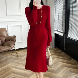 100% Pure Wool Skirt, Round Neck Waistband, Knee High Mid Length Cashmere Dress, Back Slit Vertical Stripe Slim Fit Knit Sweater