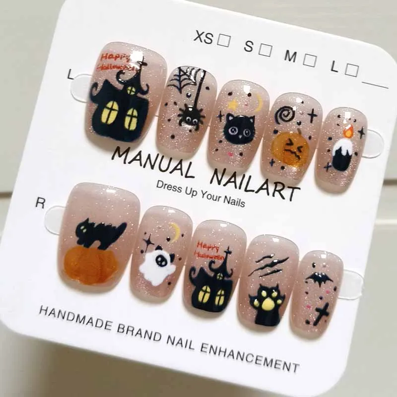 10枚入り ハロウィン キャットアイ パンプキン キュート ゴースト キャットアイ 手描き風 漫画風 雰囲気感 プレスオンネイル ネイルパッチ つけ爪