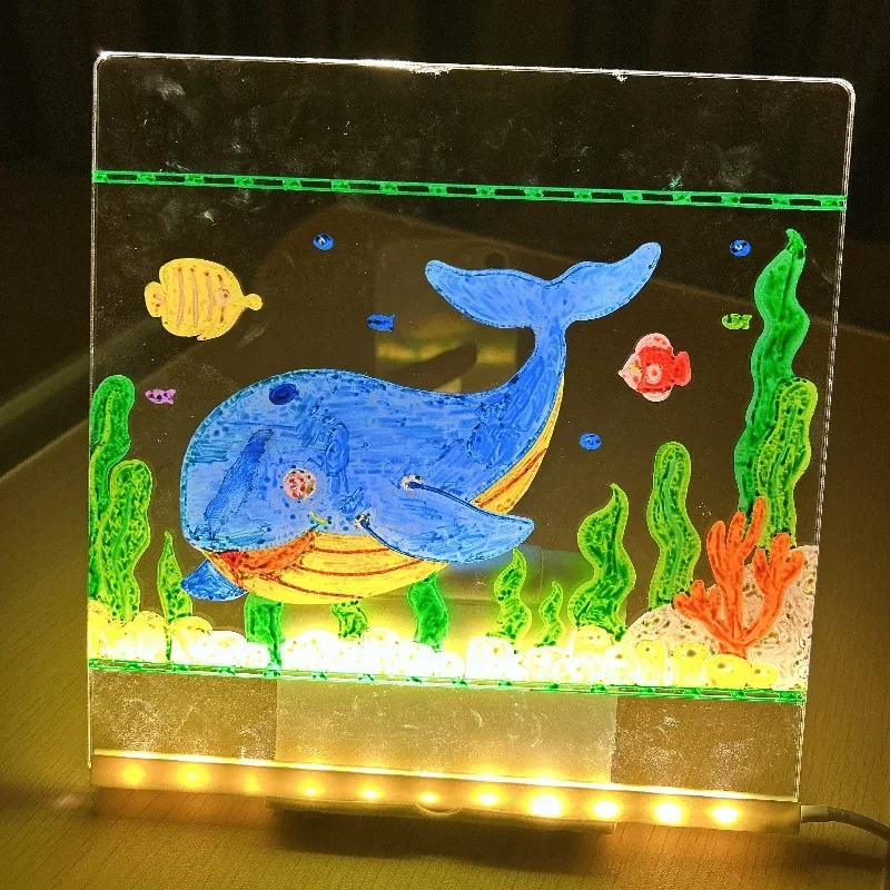 LED Luminous Drawing BOARD ของเล่น Night Light ข้อความหมายเหตุอะคริลิควาด 7 ปากกาสีสัน Erasable Writing สําหรับเด็ก