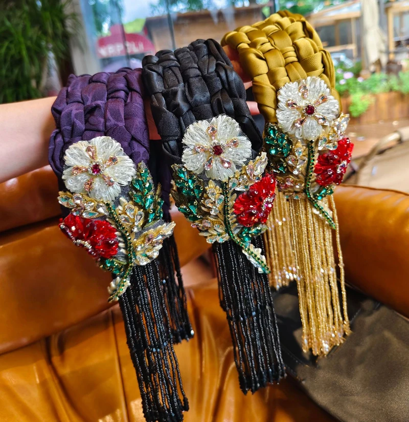 

New Chinese Style Luxury Crystal Diamond Tassel Hairband Headband Wide Edge Braid Headband Hair Accessories Fashion Hair Bands