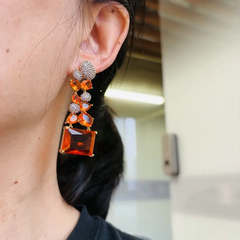 Bilincolor Big Orange Red Cubic Zirconia Earring for Women Wedding Party
