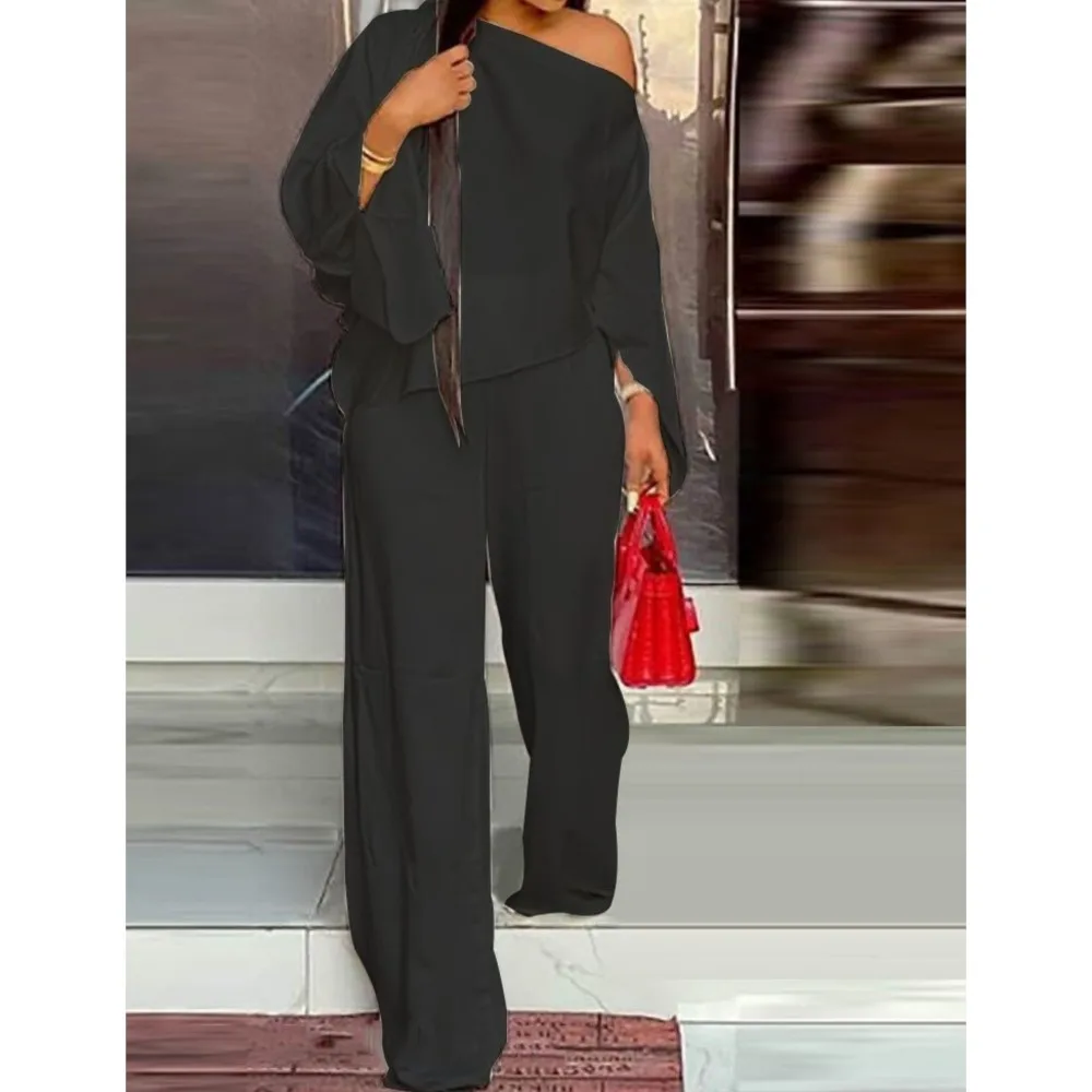 Spring Summer New Seven Point Sleeve Shirt Women Fashion Diagonal Shoulder Casual Elegant Wide Leg Trousers Home Wear 2piece Set