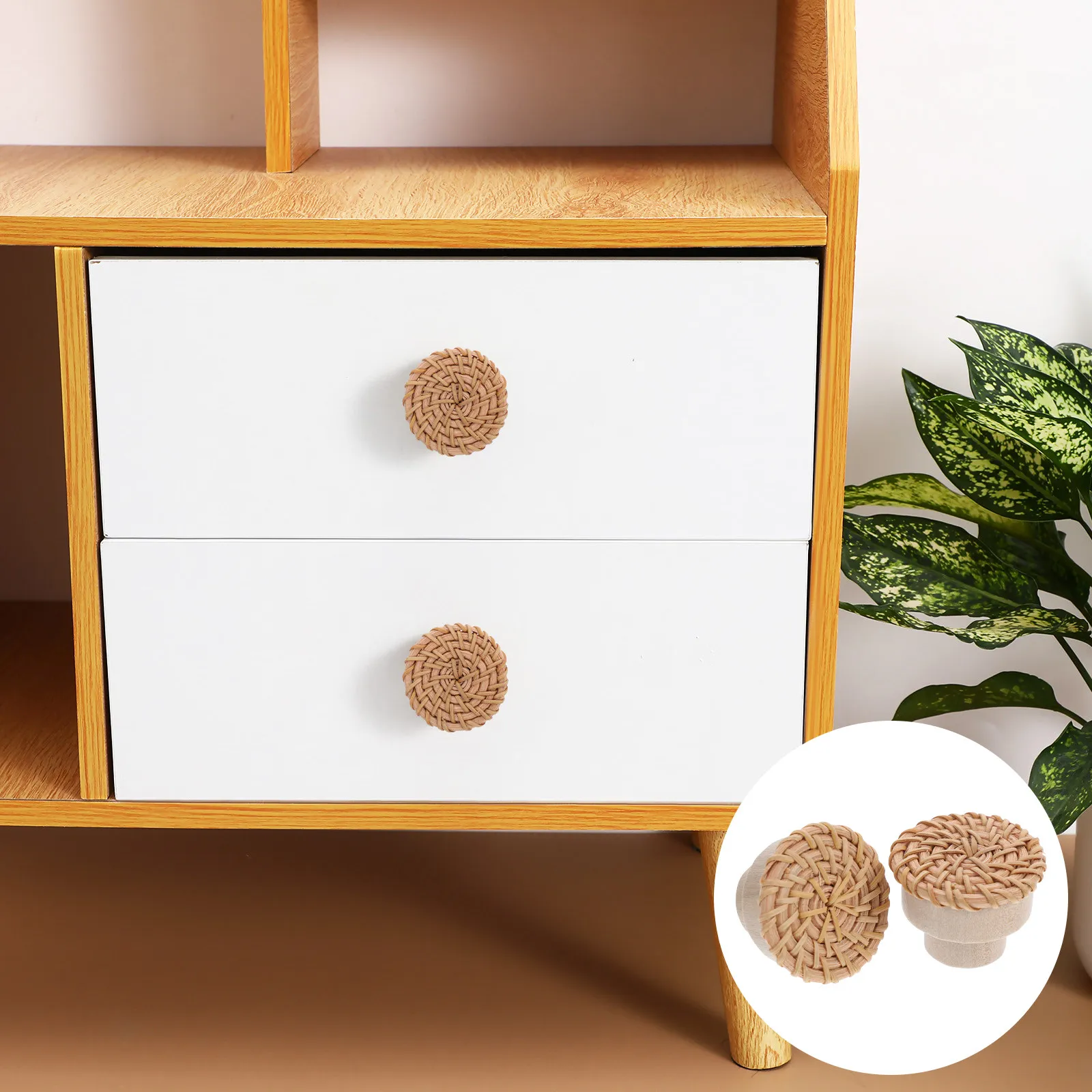 2Pcs Natural Rattan Drawer Knobs Dresser Cabinet Pulls Wood Style Furniture Handles Kitchen Bathroom Living Room Nursery Decor