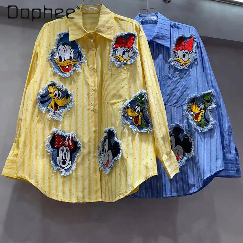

Весенне-осенняя рубашка с нашивками из мультфильма для женщин, свободная полосатая рубашка средней длины, рубашка с длинными рукавами, женские топы