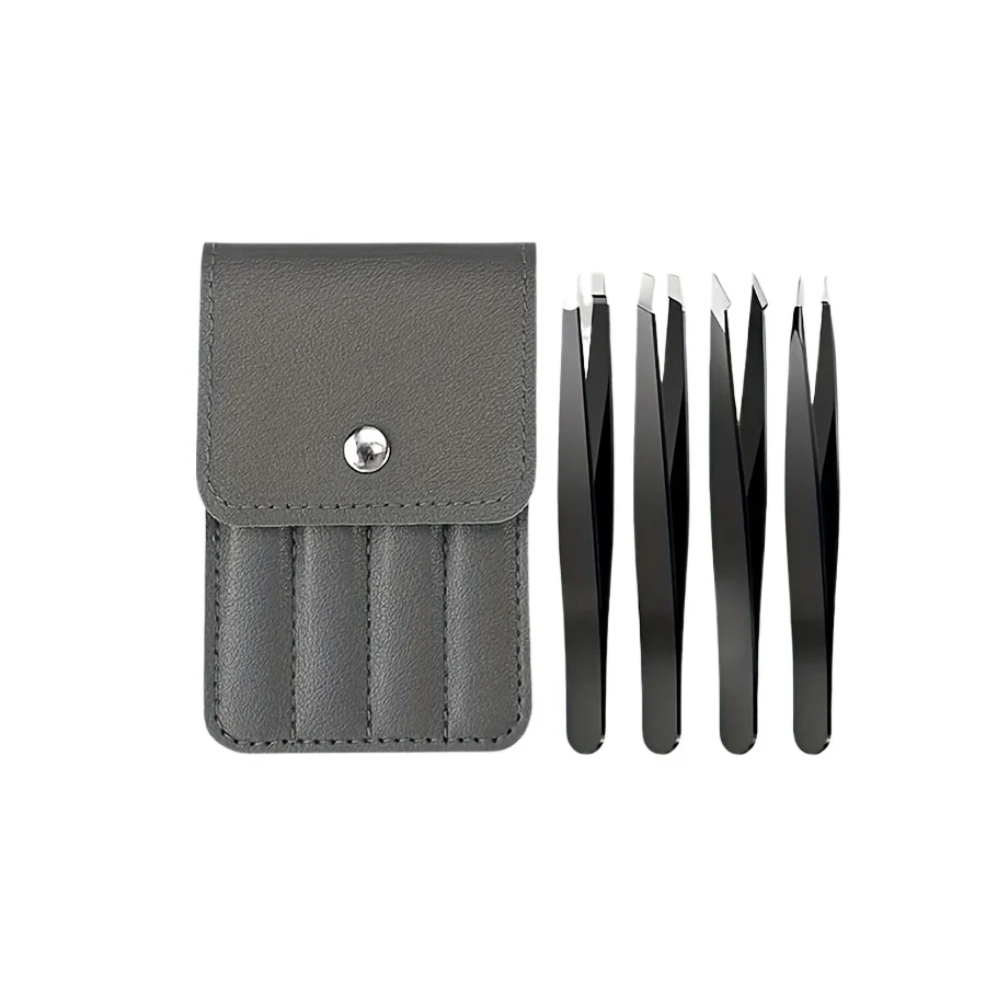 Juego de pinzas para cejas de acero inoxidable para pestañas postizas, estuche marrón de cuatro piezas, pinzas portátiles de almacenamiento para herramientas de maquillaje de cejas