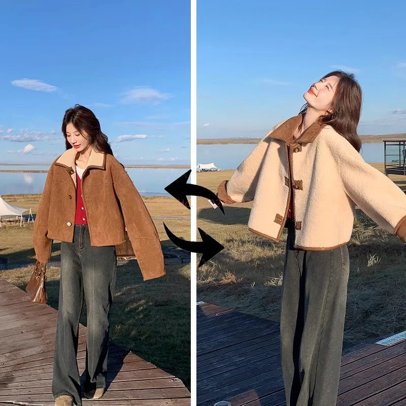 

Leather and fur one-piece reversible lambhair jacket for women, small and stylish, thickened short suede top